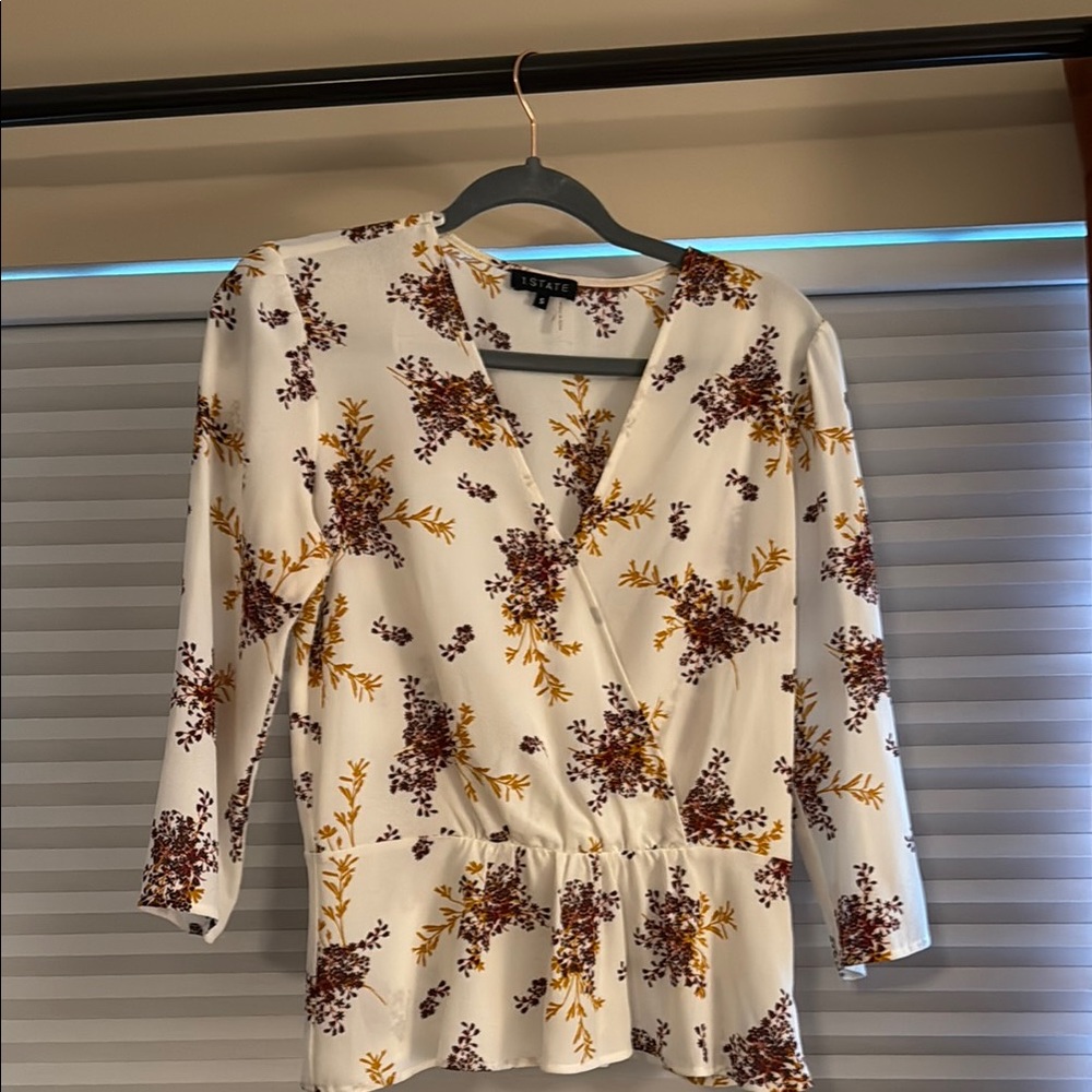 1. State Cream Wrap Peplum Blouse with Mandarin Collar